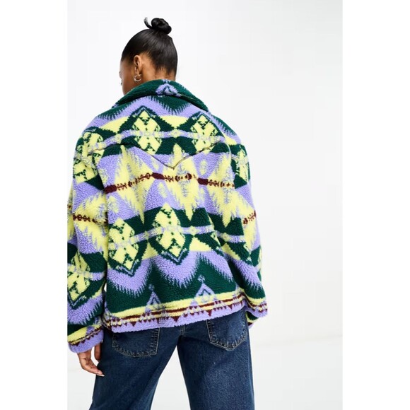 Wrangler Womens Sherpa Jacket Southwestern Print Full Zip Fleece Purple Yellow - Picture 5 of 16